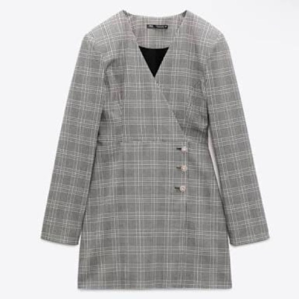 Zara Plaid Blazer Dress Jewel Buttons
